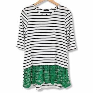 WO Women's Elbow Sleeve Striped Green Lace Tunic Top Black White Green Small‎